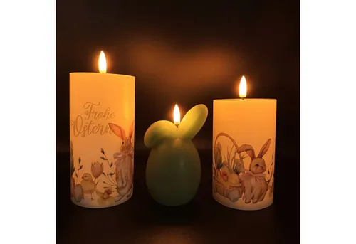 Online-Fuchs LED-Kerze - 3er Set "Frohe Ostern" mit Timer - Wunderschöne LED-Kerzen aus Echtwachs mit fröhlichen Osterhasen-Motiven. Ideal für festliche Dekoration, inklusive praktischer 6-Stunden Timerfunktion für gemütliche Atmosphäre.