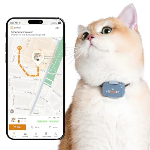 Pawfit Lite für Katzen 4G GPS-Tracker | Ultrakompakt & Leicht | Echtzeit-Tracking - Erleben Sie präzise GPS-Ortung in Echtzeit mit dem Pawfit Lite Tracker für Katzen. Ultraleicht und wasserdicht, ideal für Abenteuer – inklusive Sicherheits-Halsband und Aktivitätstracking für den Überblick über die Fitness Ihrer Katze.