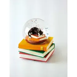 Musicboxworld Spieluhr Spieluhr 100 mm Glitzerkugel Katze auf dem Bücherstapel