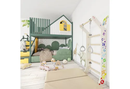 Jeflex Sprossenwand Kids ClimbMaxx M7 - Schaukeln und Klettern für Kinder, aus hochwertigem Holz, mit turnring und kreativen Klebebuchstaben für spielerisches Lernen und motorische Förderung.