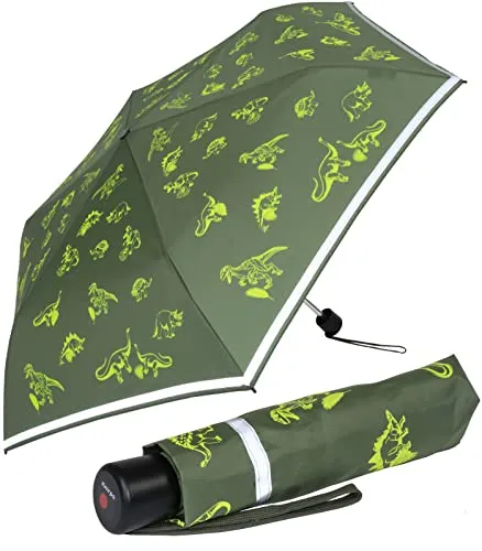 Knirps Kinder-Taschenschirm 4Kids reflective - Dinos Fluorescent - Taschenschirm mit Reflexborte für mehr Sicherheit im Straßenverkehr. Leicht und kompakt, ideal für Kinder und Schulranzen. Fluoreszierende Dinos sorgen für einen coolen Look und Sichtbarkeit im Dunkeln.