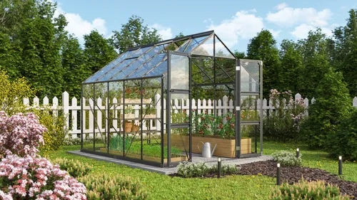 Vitavia Gewächshaus "Domus 8300" mit Zubehör - Garten-Zubehör: 8,3 m² Gewächshaus in Schwarz, inkl. über 100 Euro Zubehör wie Hygrometer und Min-Max-Thermometer für optimale Pflanzenpflege.
