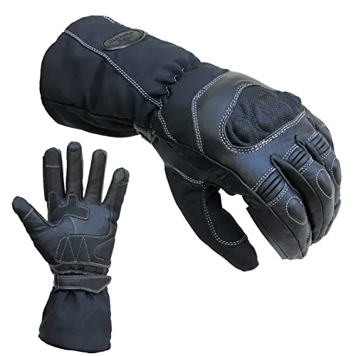 PROANTI Regen Motorradhandschuhe Winter mit Touchscreen-Funktion (M) - Wasserdichte Motorradhandschuhe mit langer Stulpe und Visierwischer. Ideal für Regenfahrten, bieten sie Komfort und Sicherheit dank Rindsleder und Protektoren.