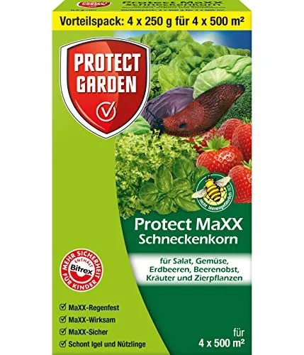PROTECT GARDEN Protect MaXX Schneckenkorn - Vorteilspack 4x250g, hochwirksames und regenfestes Ködergranulat für eine effektive Schneckenbekämpfung im Garten