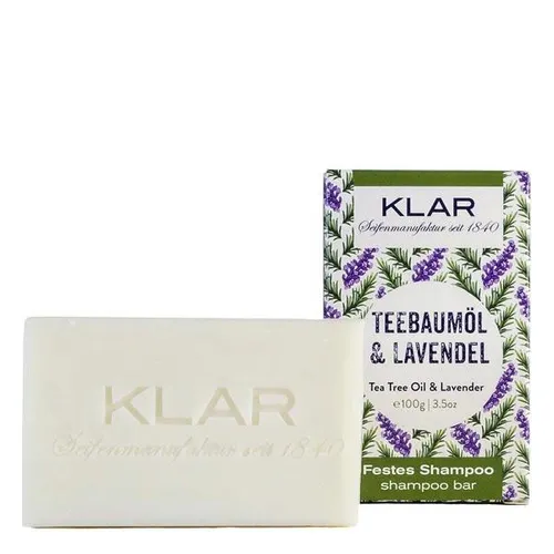 KLAR Festes Shampoo Teebaumöl & Lavendel 100 g - Umweltfreundliches festes Shampoo mit Teebaumöl und Lavendel, ideal gegen Schuppen. Ohne Plastikverpackung, vegan und extrem ergiebig für wunderbar weiches Haar.
