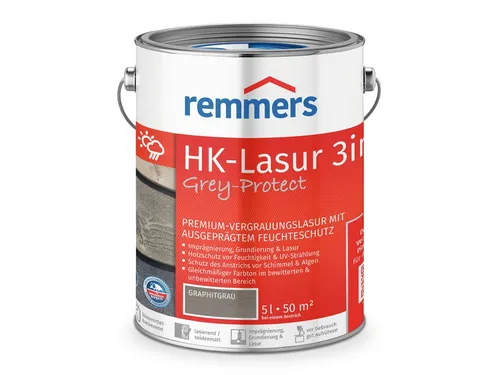 Remmers HK-Lasur 3in1 Grey-Protect graphitgrau, 5 Liter - Beizen – Premium Holzlasur für Außen mit Imprägnierung, Grundierung & Lasur in einem, bietet optimalen Schutz vor Feuchtigkeit und UV-Strahlen.