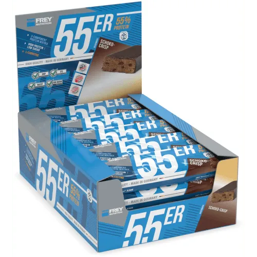Frey Nutrition 55er Riegel - Schoko-Crisp - Sportnahrung mit hohem Proteinanteil, glutenfrei und optimiert mit L-Carnitin für bessere Leistung. Ideal für Sportler und Fitness-Enthusiasten.