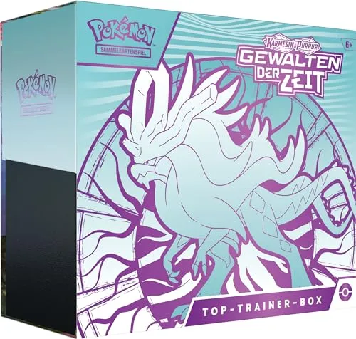 Pokémon Sammelkartenspiel Top-Trainer-Box Karmesin & Purpur – Gewalten der Zeit - Sammelkarten Packs & Sets – Enthält 1 holografische Vollbild-Promokarte, 9 Boosterpacks und umfangreiches Premium-Zubehör für Spieler und Sammler.