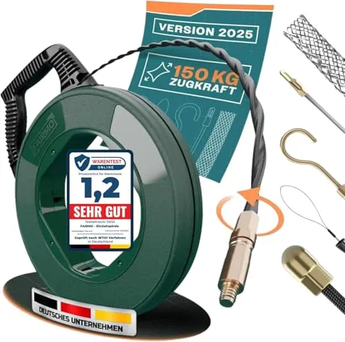 FAIRMO Einziehspirale 30M für Leerrohre - Bruchsichere Kabeleinziehhilfe - Kabelzangen - Robuste 4mm PET Einziehspirale mit Drallausgleich und 5 Adaptern für effektives Arbeiten ohne Kabelsalat.