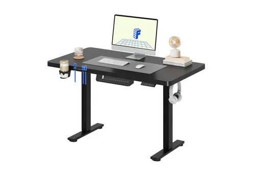 FLEXISPOT Schreibtisch Basic-Series Elektrisch höhenverstellbarer Schreibtisch (Anti-Kollisions-system, 2- Fach-Teleskop, mit Becherhalter & Kabelkanal & Haken & Aufbewahrungsbox, LED-Display), MAX. Load: 100kg, 100/110/120/140/160, MIT einteilige Tischplatte
