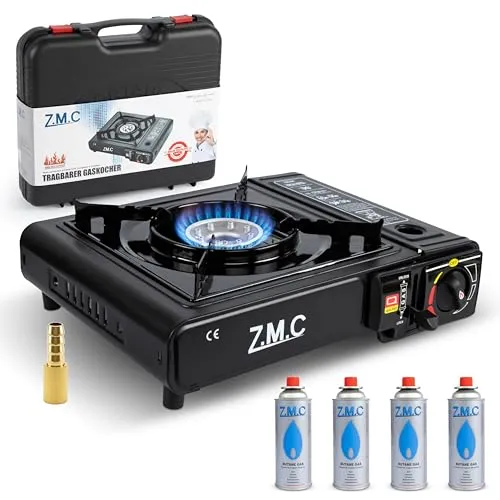 Z.M.C Gaskocher 1-flammig mit Adapter und 4 Gaskartuschen - Campingkocher für Outdoor und Innenräume, ideal für unabhängiges Kochen ohne Strom, mit automatischer Piezo-Zündung und praktischem Transportkoffer für maximale Mobilität.