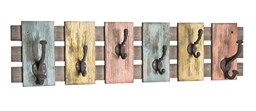 Haku-Möbel Kleiderhaken Edith, bunt vintage - Wandgarderobe aus Massivholz mit 6 Doppel-Haken in Vintage-Optik. Ideal für einen stilvollen Eingangsbereich und praktische Aufbewahrung.
