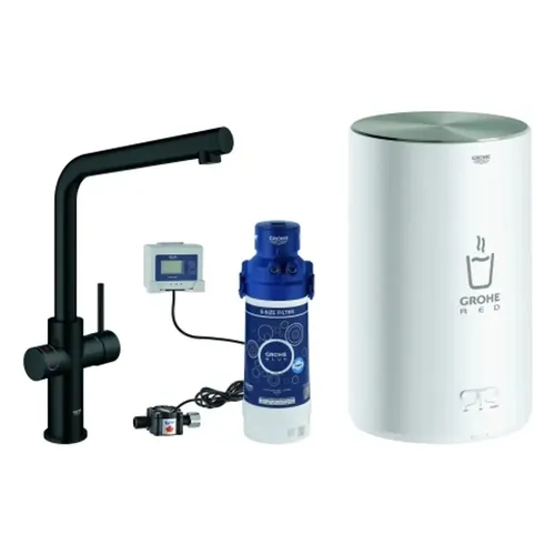GROHE Red Duo Armatur und Boiler M, L-Auslauf, velvet black - Erleben Sie sofort kochend heißes Wasser mit der GROHE Red Duo Armatur. Die kindersichere Bedienung über Touch-Tasten sorgt für Komfort und Sicherheit in Ihrer Küche.