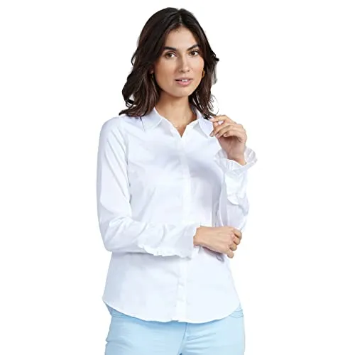 Bluse MATTIE FLIP mit Baumwolle M Weiss - Damen Hemdbluse von Mos Mosh mit klassischem Kragen und Rüschenabschlüssen, ideal für Büro und Freizeit. Hergestellt aus weicher, teilweise recycelter Baumwolle.