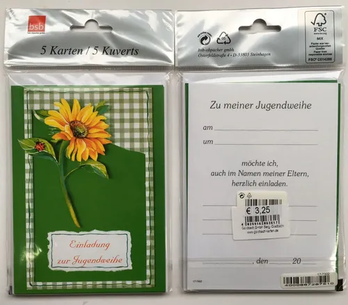 Jugendweihe - Einladungen - 5 Karten – 5 Umschläge – im Format 10,5 x 14,5 cm im