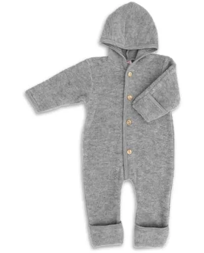 Engel-Natur Baby Overall mit Kapuze aus Bio Schurwoll-Fleece, Hellgrau Melange, Gr. 62/68 - Overalls für Baby-Jungen, aus 100% mulesing-freier Merinowolle gefertigt und NATURTEXTIL IVN zertifiziert für höchste Sicherheit und Komfort.
