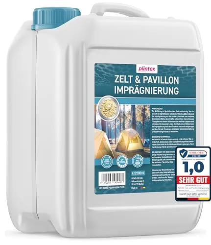 PLINTEX® Zelt & Pavillon Imprägnierung 2,5L - Effektives Spray für Zelt- und Markisenpflege - Die PLINTEX Zelt Imprägnierung sorgt für zuverlässigen Wasser- und Schmutzschutz, bleibt atmungsaktiv und ist ideal für verschiedene Materialien. Einfaches Auftragen und langanhaltender Schutz bis zu 12 Monaten.