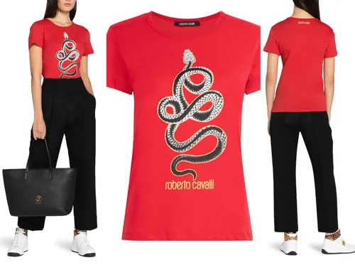 Roberto Cavalli Snake Print Monogram T-Shirt - XS - Damen T-Shirt in Rot mit ikonischem Schlangenprint, aus hochwertiger Baumwolle, ideal für stylische Freizeitlooks.