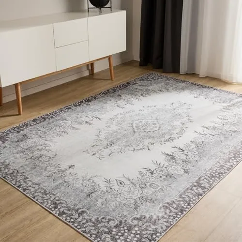 benuta Basic Waschbarer Teppich George - Schwarz/Grau 60x120 cm - Teppich im modernen Vintage-Design, pflegeleicht und bei 30° waschbar – ideal für Haushalte mit Kindern und Haustieren.