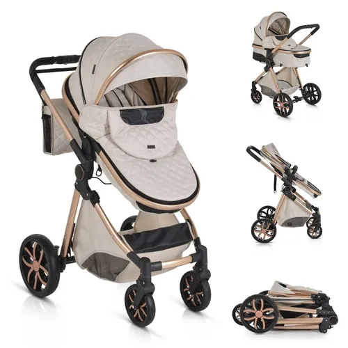 Moni Kombi-Kinderwagen Alma - Kombikinderwagen in beige, umbaubar von Tragetasche zu Sportsitz, ideal ab Geburt bis 36 Monate mit verstellbarer Rückenlehne und 5-Punkt Sicherheitsgurt.