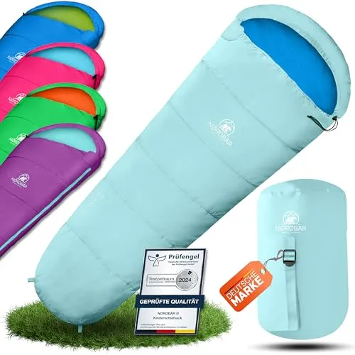 NORDBÄR® Kinderschlafsack für Jungen & Mädchen bis 145 cm – Leicht, warm & kompakt - Der ideale 3-Jahreszeiten Schlafsack für Kinder, leicht und platzsparend. Mit einem Gewicht von nur 1200 g und einem kompakten Packmaß von 35 x 20 cm bietet er maximalen Komfort für Reisen, Camping und mehr!