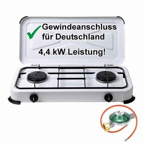 Campingkocher 2-flammig mit Gasschlauch und Regler - Campingkocher für Outdoor-Abenteuer, 2 leistungsstarke Brenner mit 2,2 kW, ideal für Camping und Grillen, inklusive Gasschlauch und Gasdruckregler.