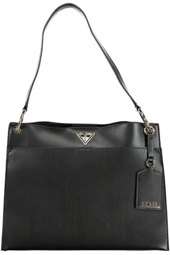 Elegante Schwarze Damentasche mit Henkeln und Kontrastdetails - Diese stilvolle schwarze Damentasche vereint Eleganz und Funktionalität. Mit praktischen Außentaschen und einem sicheren Druckknopfverschluss ist sie ideal für den Alltag und besondere Anlässe.
