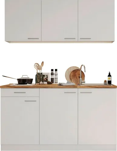 Pantryküche RESPEKTA Luis mit Duo Kochfeld – Weiß & Eiche - Moderne Küchenzeile in exklusiver Konfiguration. Mit durchgehender Arbeitsplatte, Edelstahl-Spüle und wahlweise Mikrowelle für optimale Funktionalität in Ihrer Küche.