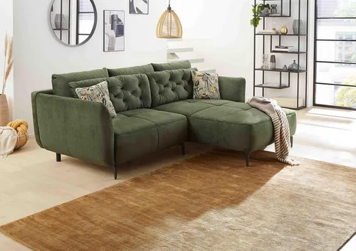 Ecksofa Wohnlandschaft Salo Velours Grün - Ecksofa in modernem Design, Farbe: Grün, mit bequemen Kissen und Nosagunterfederung für optimalen Sitzkomfort, ideal für Ihr Wohnzimmer.
