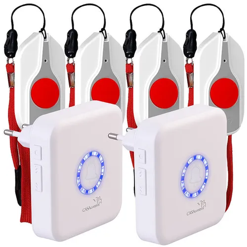 CASAcontrol Notruftaste: SOS-Notrufknopf-Set für Senioren, 4X Sender, 2X Empfänger, 110dB, IP44 (Hausnotruf Senioren, Notrufklingeln, Notruf)