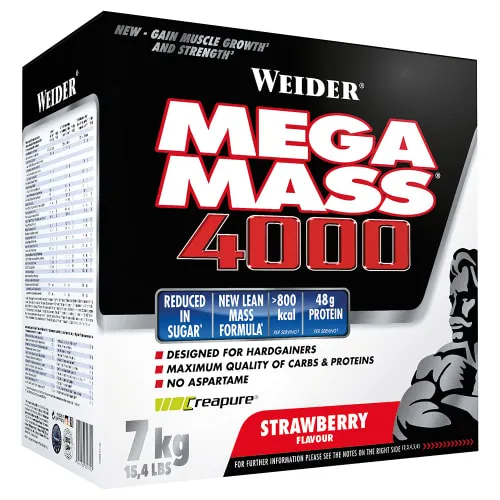 Weider Mega Mass 4000 - 7kg Hardgainer mit Erdbeer Geschmack - Sportnahrung für Muskelaufbau, enthält Kreatin und hochmolekulare Stärke für optimale Kraftsteigerung, 49g Eiweiß und 128g Kohlenhydrate pro Shake, ideal für intensives Training.