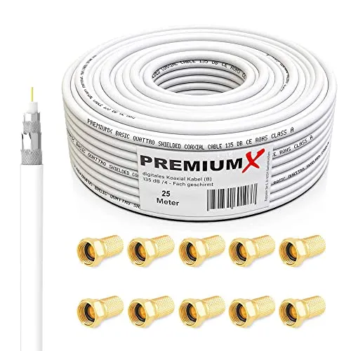 Premium X 25m SAT Koaxial Kabel 135dB - HiFi-Kabel für Satellitenanlagen, 4-fach abgeschirmt mit 135 dB für hervorragenden Empfang. Inklusive 10 F-Steckern, ideal für 4K UHD, Full HD und alle gängigen Formate.