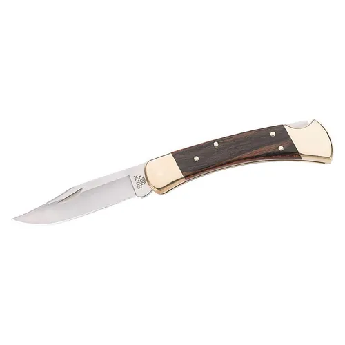 Buck Folding Hunter 110 Taschenmesser - Klappbares Jagdtaschenmesser mit 9,5 cm Clippoint-Klinge, ideal für Jagd und Outdoor-Aktivitäten. Robuster Holzgriff und Backlock-Sicherung bieten Sicherheit und Komfort.