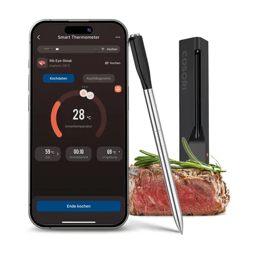 COSORI Erstes Smartes Fleischthermometer - Kabelloses Grillthermometer mit Bluetooth - Kochthermometer mit präziser Temperaturmessung und App-Steuerung für perfektes Grillen und Kochen.