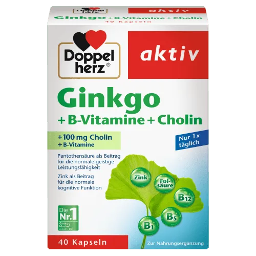 Doppelherz Ginkgo + B-Vitamine + Cholin - Mit Pantothensäure als Beitrag zur normalen geistigen Leistungsfähigkeit - 40 Kapseln