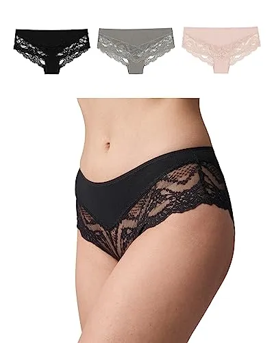Snocks 3er Pack Hipster Lace - Damen Baumwolle Panties - Funktionsunterwäsche aus 95% Bio-Baumwolle mit elegantem Spitzen-Design, nahtlos für unsichtbaren Tragekomfort und perfekten Sitz den ganzen Tag.