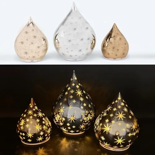 Online-Fuchs LED Dekoobjekt 3er Set Glastropfen - Leuchtfiguren mit warmweißen LEDs und 6-Stunden Timer, ideal für stimmungsvolle Weihnachtsdeko in Champagner/Silber.