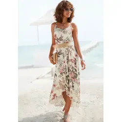 Maxikleid LASCANA - Damen, beige mit Blumenprint - Modisches Maxikleid im Vokuhila-Stil aus 100% Viskose, figurumspielend und ideal für den Strand oder Sommeranlässe.