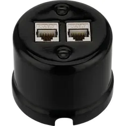 Aufputz Porzellan Retro Netzwerkdose CAT.7 2-fach – QR1 Schwarz - Elegante 2-fach CAT.7 Netzwerkdose aus glänzendem Echtporzellan im Retro-Design. Ideal für Sichtinstallationen in Wohnräumen und Gewerbe. Bietet höchste Übertragungsqualität mit zwei RJ45 Ports.