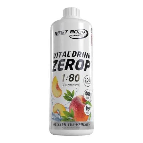 Best Body Nutrition Vital Drink ZEROP ® – Weißer Tee Pfirsich Sirup zuckerfrei – 1 L – 1:80 ergibt 80 Liter Fertiggetränk – Getränkekonzentrat mit Fruchtsaft – Geschmack für Wasser mit Vitaminen