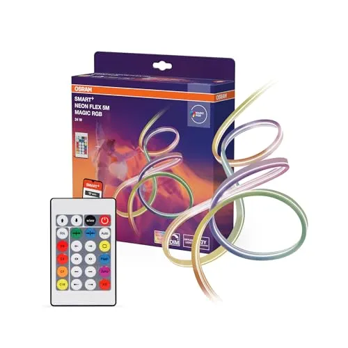 Osram SMART WIFI NEON FLEX LED-Streifen, 5M mit Magic RGB - Flexibler 5M LED-Streifen mit RGB-Farbsteuerung für kreative Lichtgestaltung. Ideal für Wohn- und Outdoor-Bereiche, einfach zu installieren und dimmbar für stimmungsvolle Akzente.