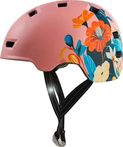 Skater- und Fahrradhelm Rosa Blume EN1078 - Stylischer und sicherer Helm für Skater und Radfahrer. Leichte In-Mold-Konstruktion, perfekte Passform und reflektierende Riemen für bessere Sichtbarkeit – ideal für den täglichen Einsatz.