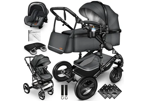KIDUKU Kombi-Kinderwagen ® 3 in 1 - Kinderwagen mit Babywanne, Buggy und Babyschale, inkl. UV 50+ Sonnenverdeck und 360° drehbaren Reifen für höchsten Komfort und Sicherheit.