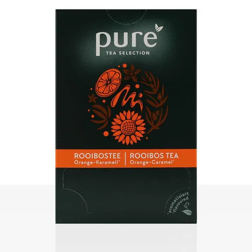 Pure Tee Rooibos Orange und Karamell Selection 25x3g Beutel - Tee mit einer einzigartigen Kombination aus Rooibos, Orange und Karamell, ideal für eine entspannende Auszeit.