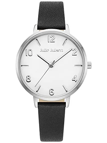 Julie Julsen JJW1486SL-1 Basic Damenuhr - Elegante Armbanduhr mit schwarzem Lederarmband, Easy-Pin System zum einfachen Bandwechsel und 3 bar wasserdicht – das ideale Geschenk für jeden Anlass.