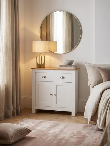 Stylisches Sideboard mit 2 Schubladen in Weiß und Eiche - Modernes Sideboard mit zwei praktischen Schubladen und geräumigem Türfach für vielseitigen Stauraum. Ideal für Wohnzimmer, kratzfeste Oberfläche und einfache Montage.
