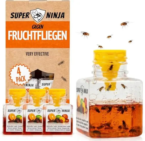 Super Ninja Fruchtfliegenfalle für Innenbereich – 4er-Pack, Effektiver Fliegenfänger für Haushalt und Küche - Die Super Ninja Fruchtfliegenfalle zieht Fruchtfliegen mit einem natürlichen Lockstoff an und bietet bis zu 3 Wochen lang zuverlässigen Schutz. Sicher für Kinder und Haustiere, ideal für Küche und Wohnräume.