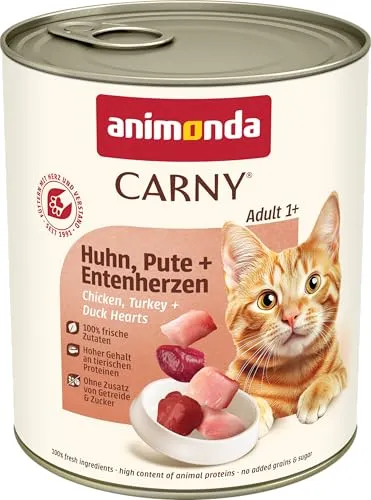 animonda Carny Katzen Nassfutter Huhn + Pute + Entenherzen (6 x 800g) - Getreidefreies Katzen Nassfutter mit frischen Fleischzutaten für eine ausgewogene Ernährung. Ideal für erwachsene Katzen, reich an Proteinen und ohne Zucker oder künstliche Zusätze.