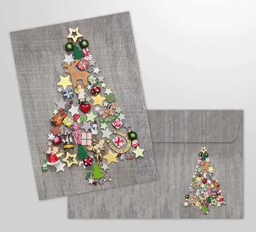 Edition Colibri 10 Weihnachtskarten: Bunter Weihnachtsbaum mit passendem Umschlag, A6, nostalgische, Weihnachtskarten mit Umschlag Set (11002)