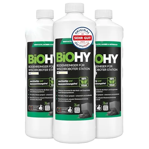 BiOHY Bodenreiniger für Wischroboter Station mit Frischeduft (3 x 1 Liter) | Reinigungsmittel Konzentrat für alle Wisch & Saugroboter mit Nass-Funktion | Schaumarm & Streifenfrei | Für alle Böden